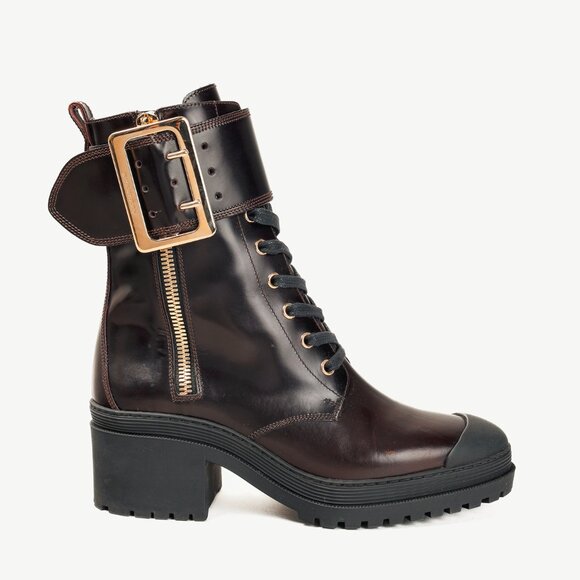 Burberry Scarcroft 50 Bordeaux Buckled Glossed-Leather Combat Boots - Picture 1 of 12